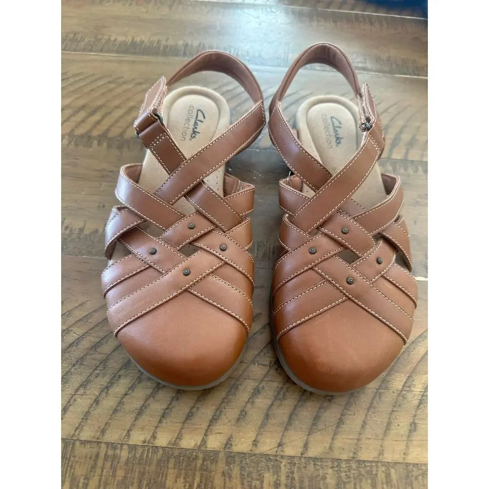 Clarks Elizabelle Fisherman Sea Woven Strappy Slingback Sandals Tan Leather 8.5